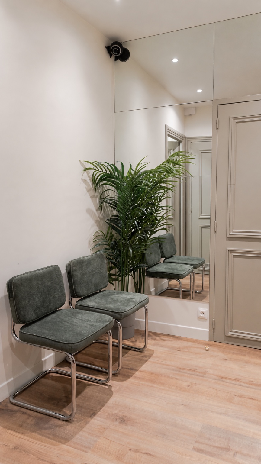 La salle d’attente du cabinet : sièges verts, miroir, parquet et plante